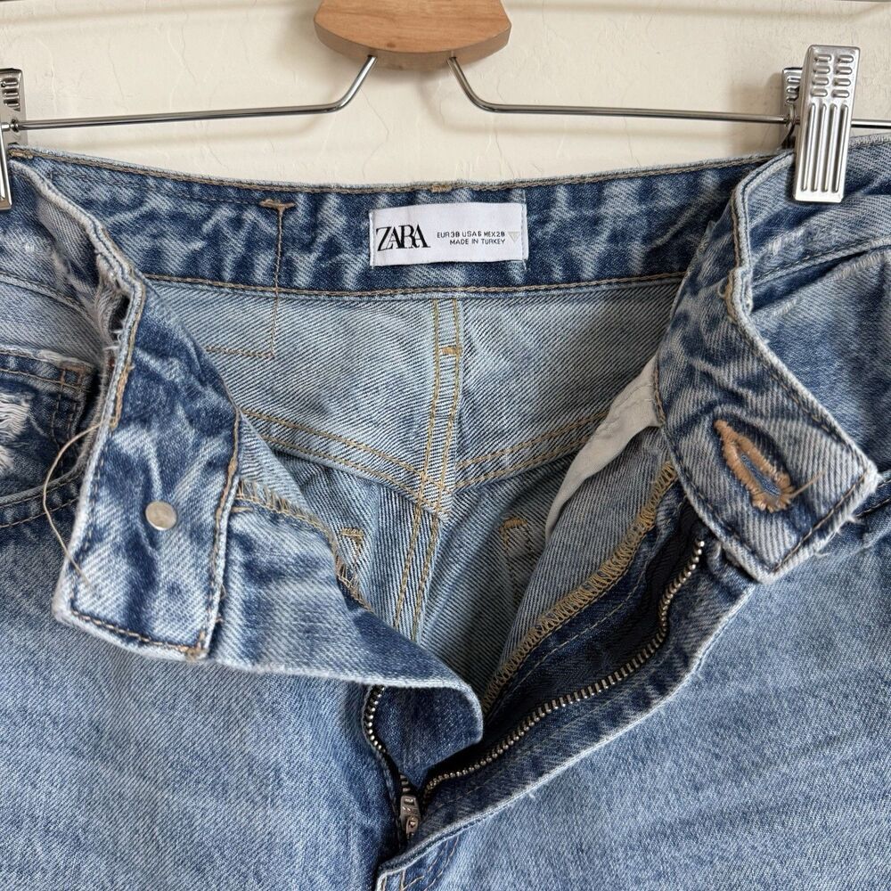 Zara Jeans Womens Sz 6 Blue Med Wash Cotton Wide Leg Baggy Distressed High Rise - Picture 6 of 16